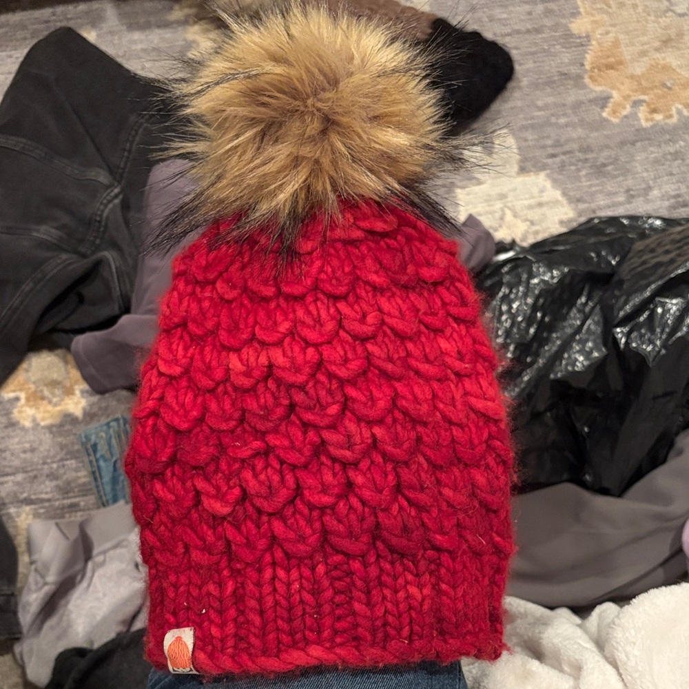 SHIT THAT I KNIT Red Knit Hat with Faux Fur Pom-Pom